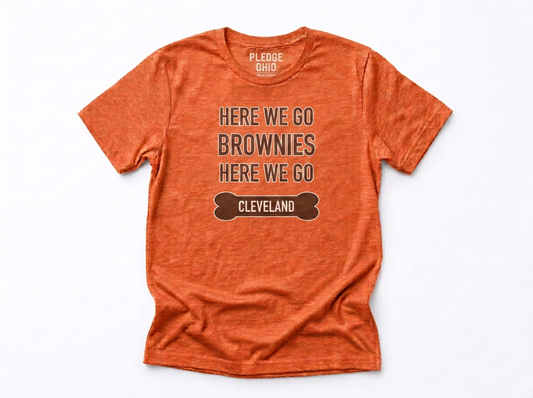 Here We Go Brownies tee folded, Cleveland football apparel