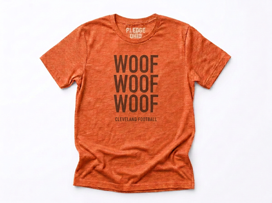 Woof Woof Woof tee folded, Cleveland football Dawg Pound apparel
