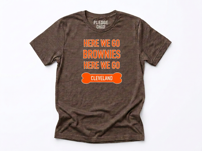 Here We Go Brownies tee detail, Cleveland football apparel