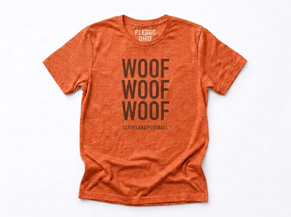 Woof Woof Woof tee folded, Cleveland football Dawg Pound apparel