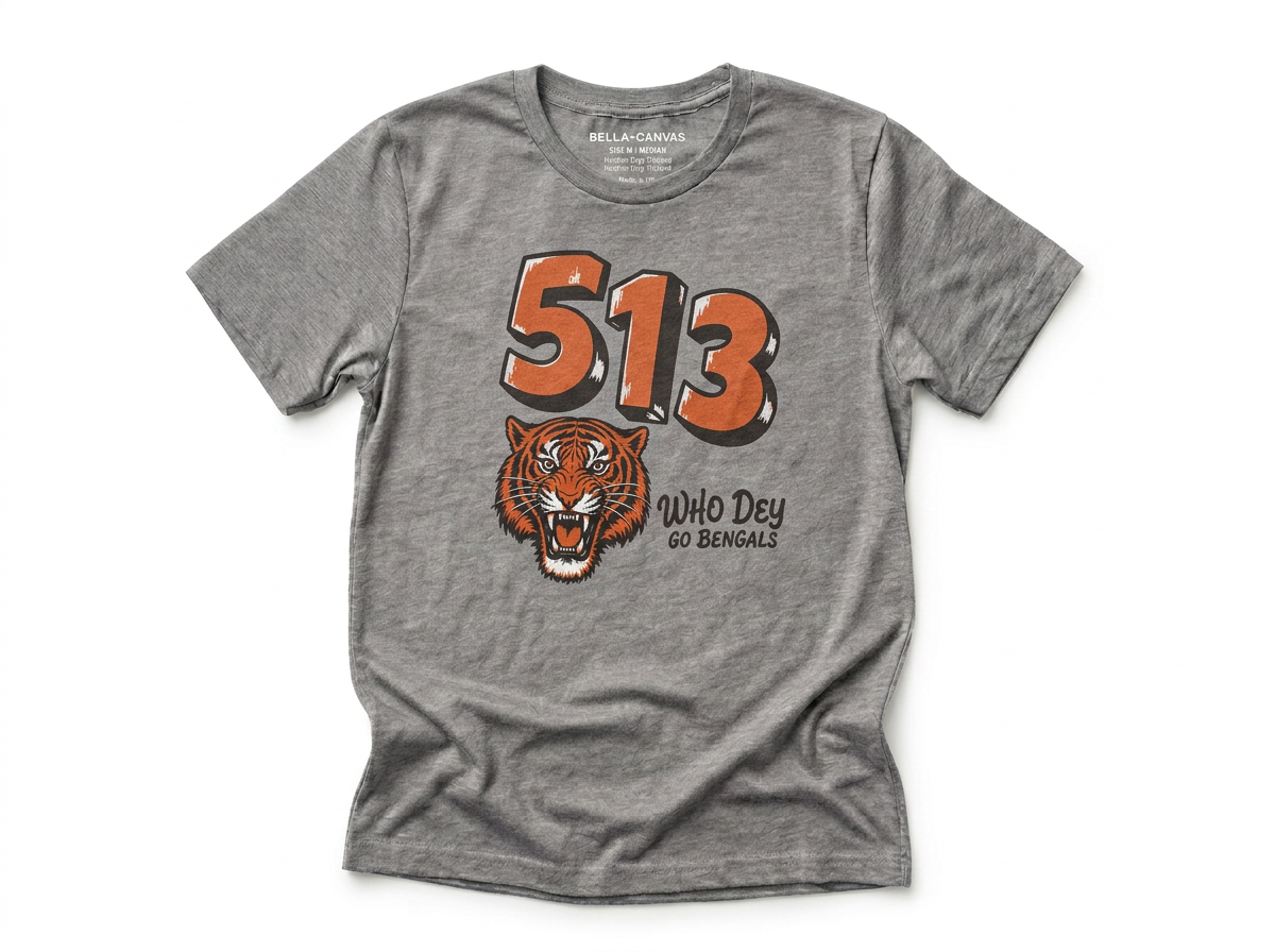 513 Who Dey tee folded, Cincinnati football Queen City apparel