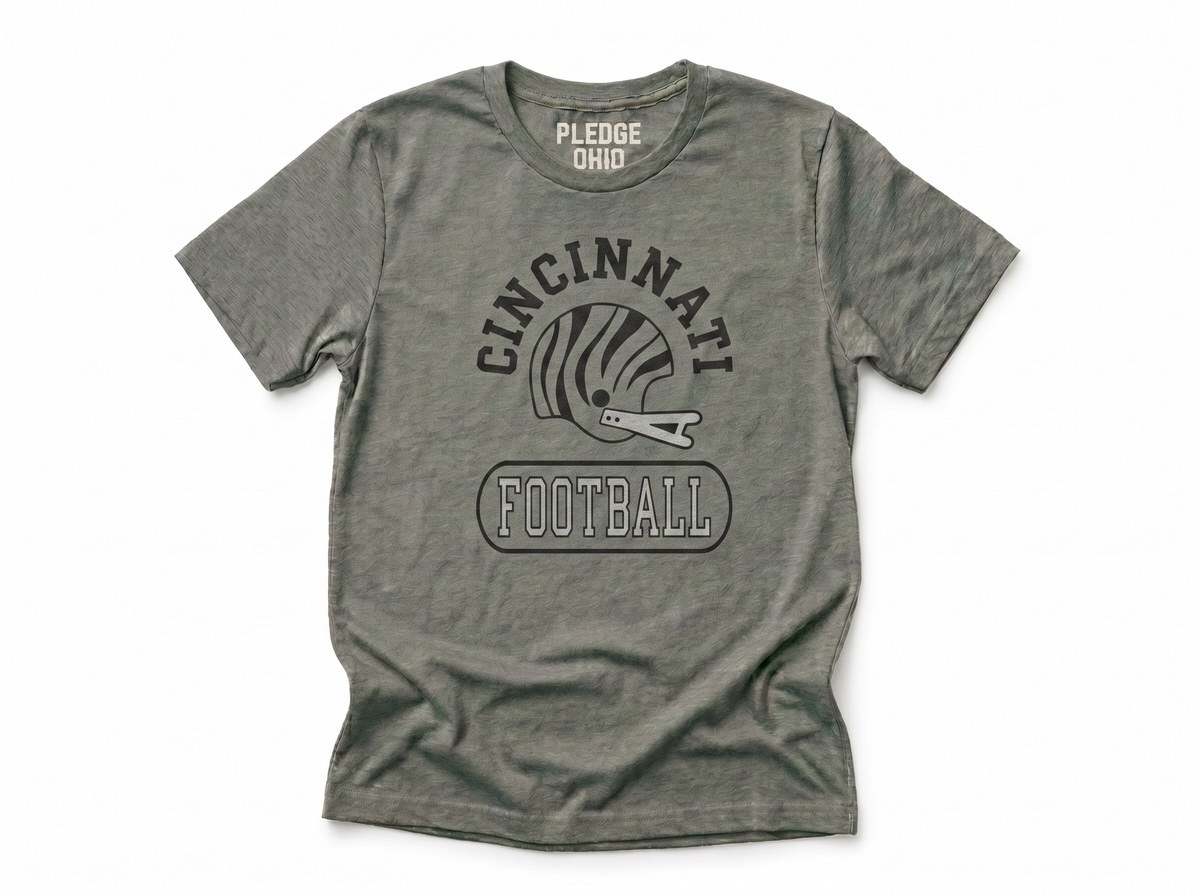 Cincinnati helmet tee detail, Queen City Ohio football apparel