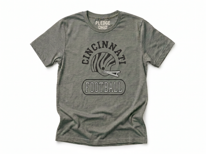 Cincinnati helmet tee detail, Queen City Ohio football apparel