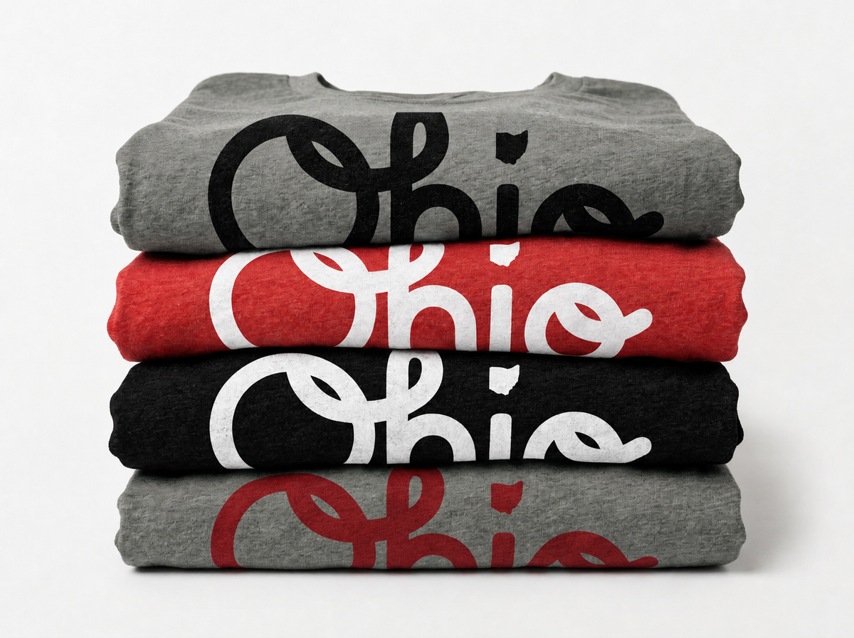 Script Ohio tees stacked in four colorways, Columbus Buckeye apparel