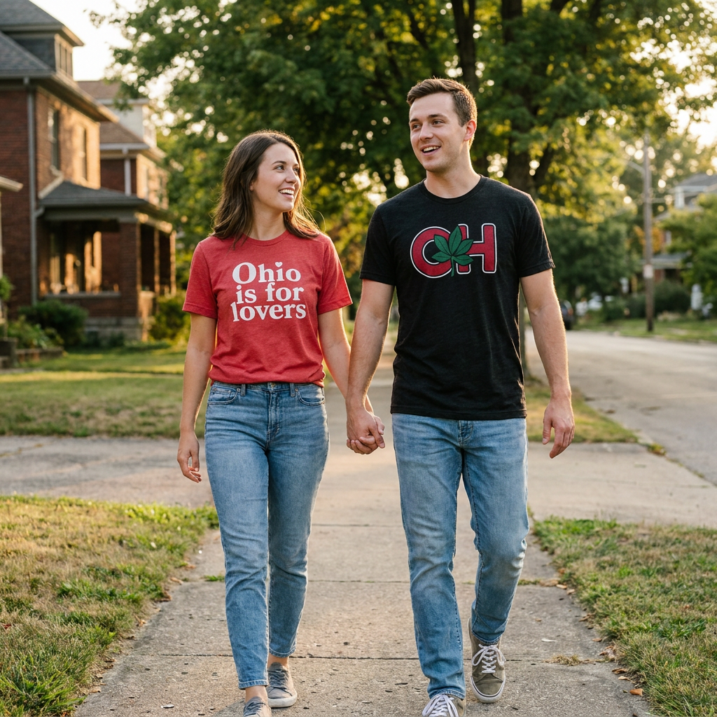 Couple wearing Columbus Clippers and Buckeye tees outside Huntington Park in Columbus Ohio